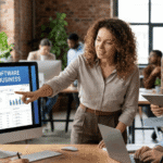Small business team pointing to a dashboard on a computer screen displaying "FREE CRM SOFTWARE FOR SMALL BUSINESS" in a modern office.