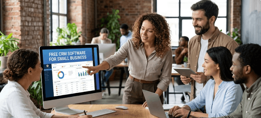 Small business team pointing to a dashboard on a computer screen displaying "FREE CRM SOFTWARE FOR SMALL BUSINESS" in a modern office.