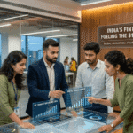 Young Indian professionals analyze dynamic financial charts on a futuristic digital desk, visualizing India's fintech market growth.