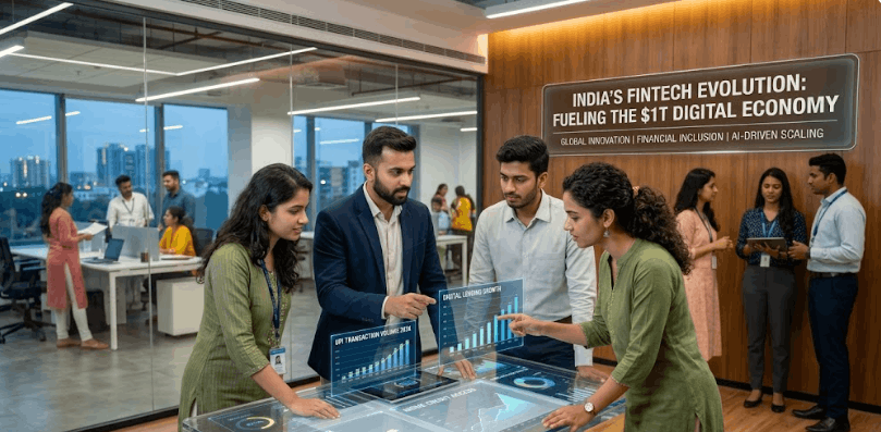 Young Indian professionals analyze dynamic financial charts on a futuristic digital desk, visualizing India's fintech market growth.
