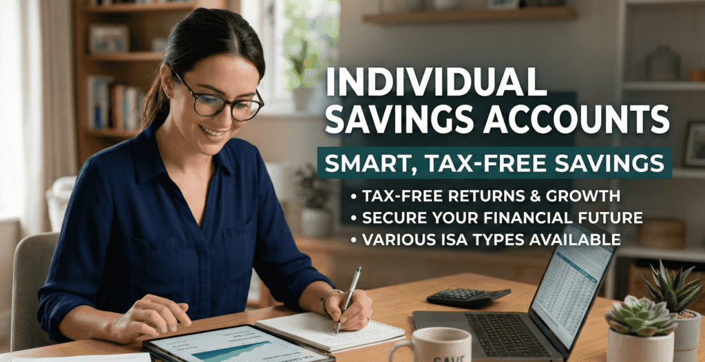 Woman at desk with laptop and tablet reviewing financial charts for Individual Savings Accounts (ISA) tax-free growth.
