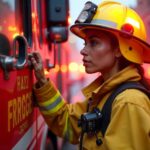Female firefighter with radio strap