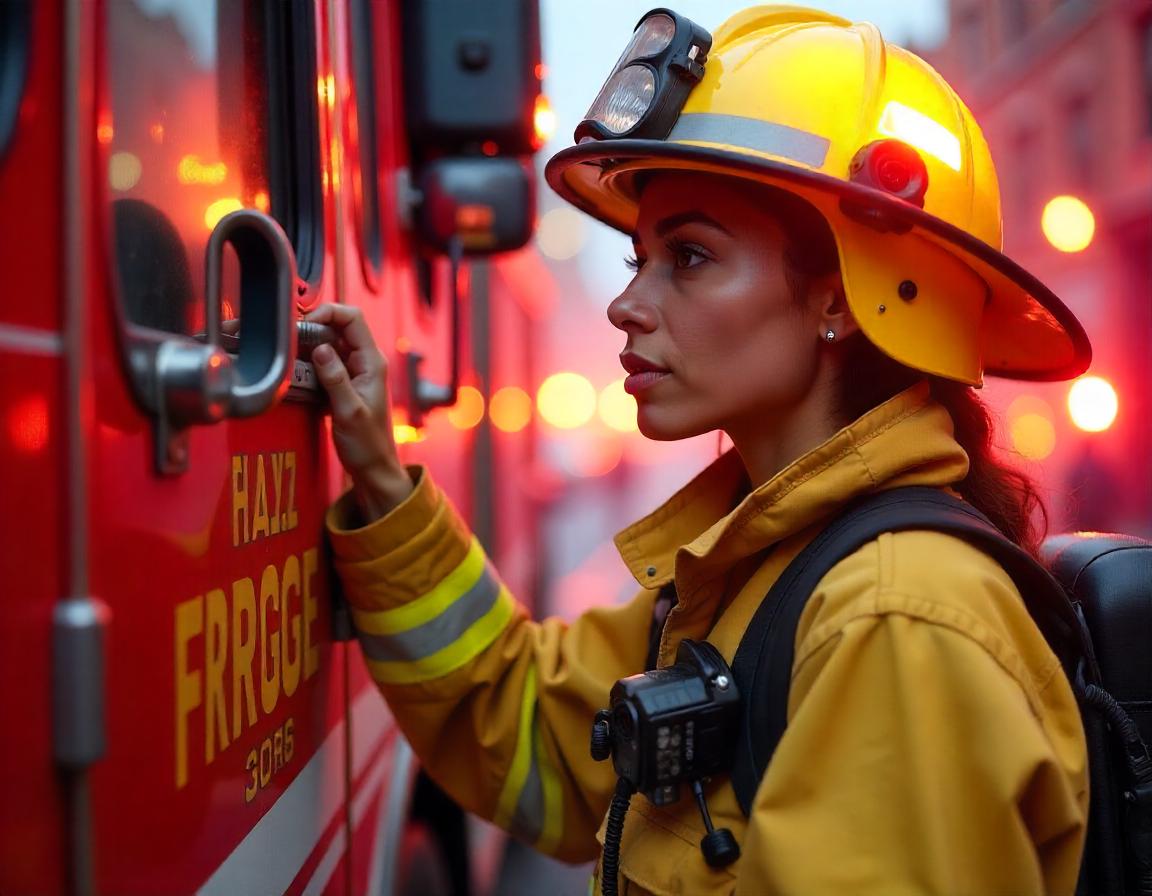 Female firefighter with radio strap