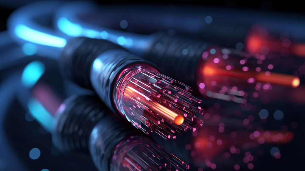 Fiber optics network cable on technology background. Generative Ai