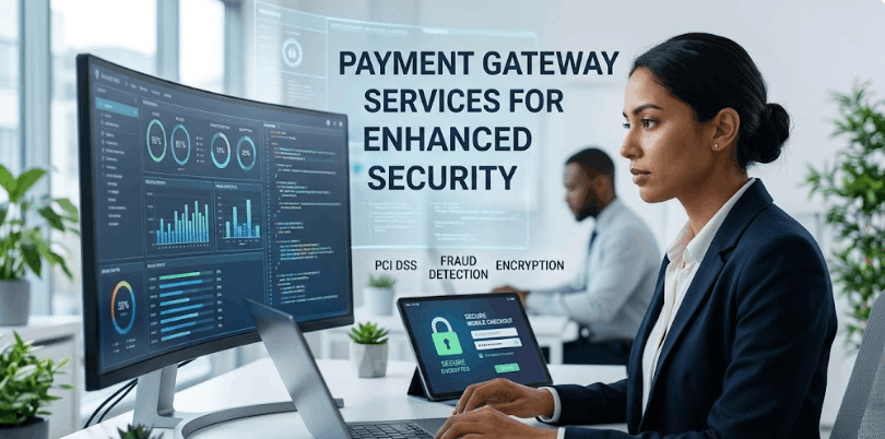 Professional monitoring secure payment gateway data on multiple monitors, illustrating advanced fraud prevention for enhanced security.