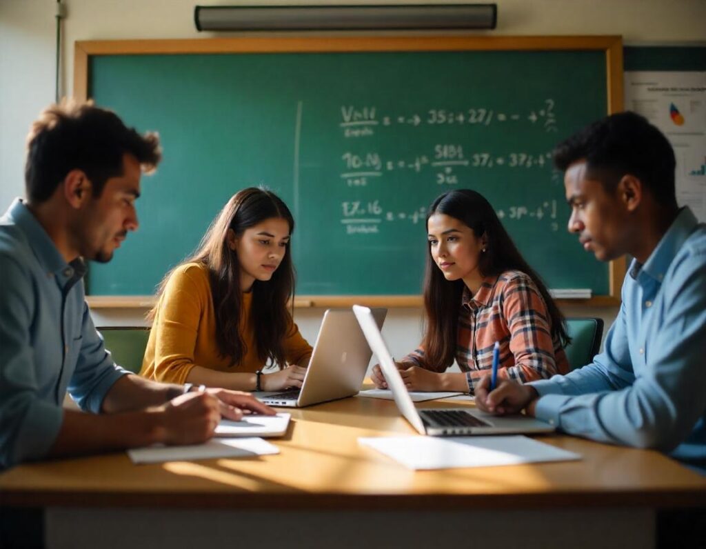 graduate students from different ethnicities sitting together and preparing for exam