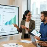 Marketing team in a modern office analyzing an AI dashboard showing performance metrics for email engagement and SMS conversion strategies.