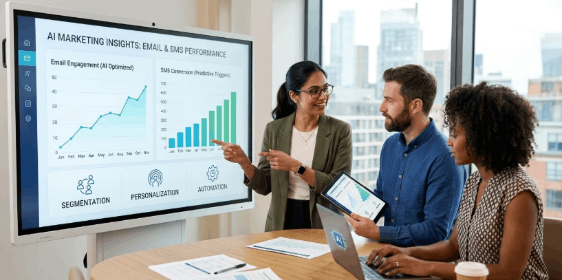 The Role of AI in Email and SMS Marketing: Benefits & Strategies 2 Marketing team in a modern office analyzing an AI dashboard showing performance metrics for email engagement and SMS conversion strategies.