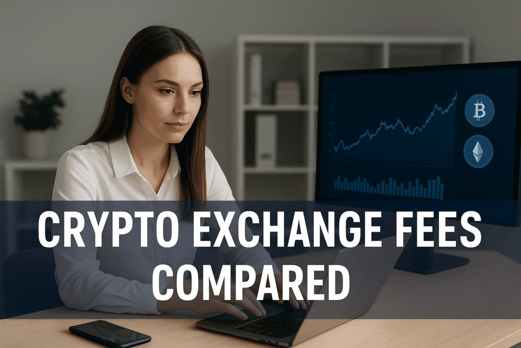 Professional woman analyzing cryptocurrency market charts on laptop for article comparing crypto exchange fees.