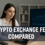 Professional woman analyzing cryptocurrency market charts on laptop for article comparing crypto exchange fees.