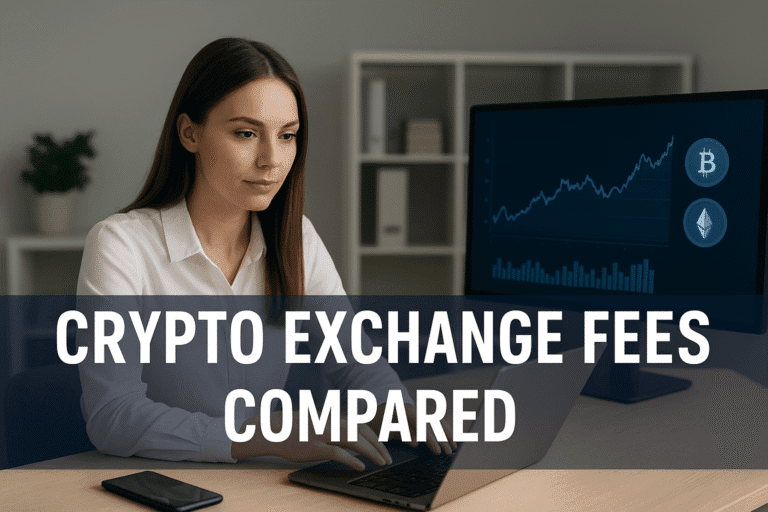Professional woman analyzing cryptocurrency market charts on laptop for article comparing crypto exchange fees.