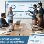 A professional B2B marketing team in a modern office presenting data charts on a large screen with the title "Top Content Marketing Agencies for B2B Companies."