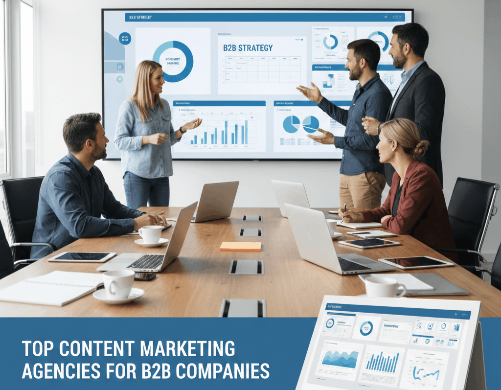 A professional B2B marketing team in a modern office presenting data charts on a large screen with the title "Top Content Marketing Agencies for B2B Companies."