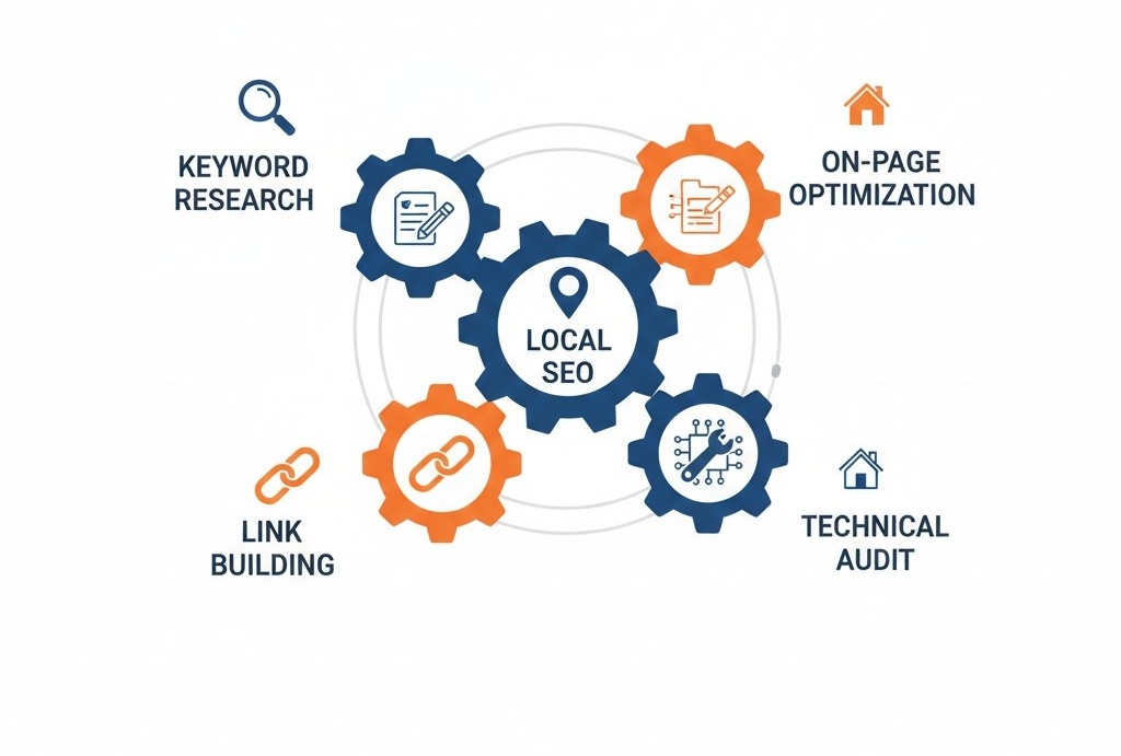 Core components of SEO by highsoftware99.com including keyword research, on-page SEO, link building, and local SEO