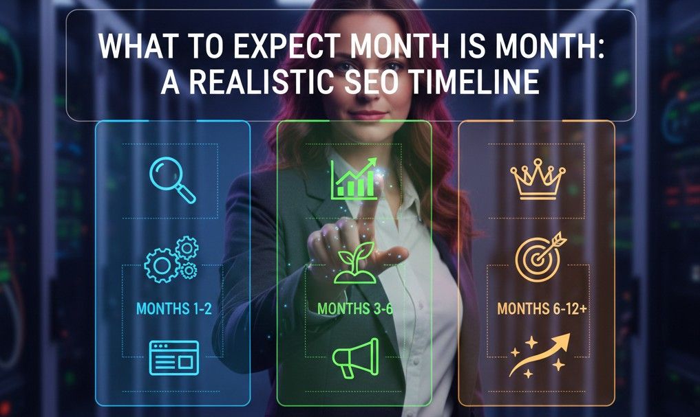 Realistic SEO timeline infographic showing three phases: Months 1-2 foundation and audit, Months 3-6 content growth and early rankings, Months 6-12 plus authority and compounding results