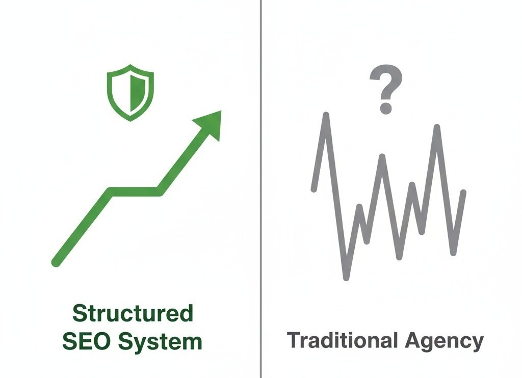 A side-by-side comparison graphic showing two paths: on the left, a structured steady upward growth curve labeled "Structured SEO System" with a shield icon, on the right a volatile zigzag curve labeled "Traditional Agency" with a question mark, clean business infographic style, green and grey color scheme, white background