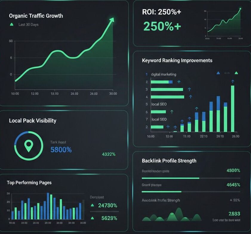 SEO results dashboard showing organic traffic growth, keyword rankings, and ROI metrics from highsoftware99.com campaigns