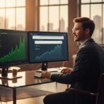 SEO by highsoftware99.com strategy in action — young entrepreneur tracking Google Analytics organic traffic growth and page one keyword rankings on dual monitors