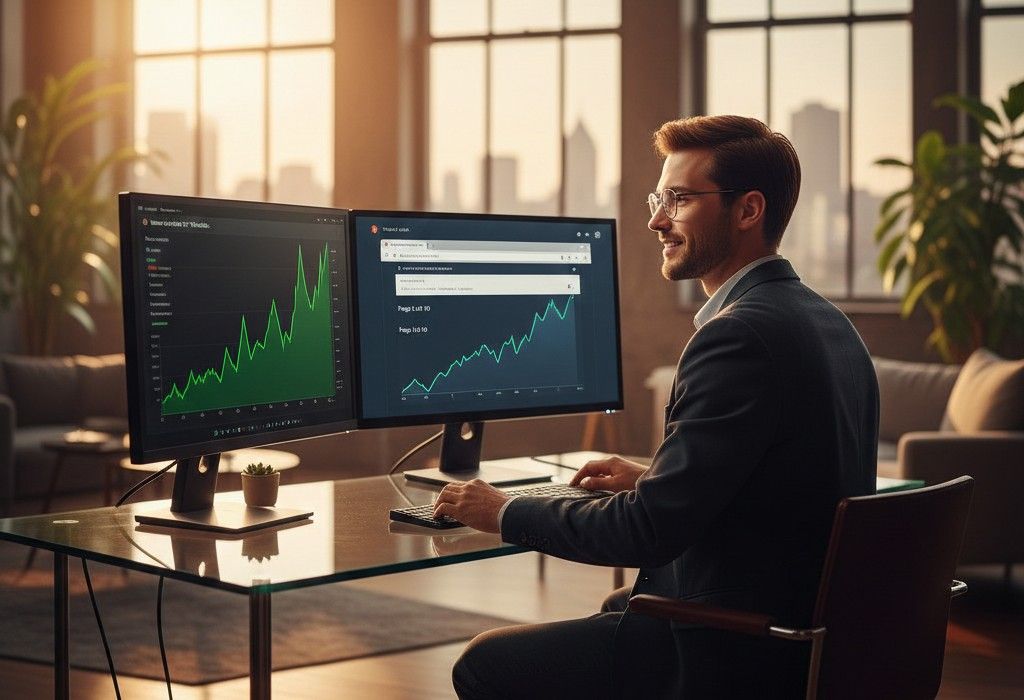 SEO by highsoftware99.com strategy in action — young entrepreneur tracking Google Analytics organic traffic growth and page one keyword rankings on dual monitors