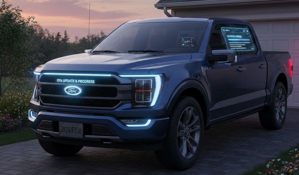 A dark blue 2026 Ford F-150 parked in a residential driveway at dusk. The truck's front grille and headlights are glowing with a digital "OTA Update in Progress" notification and a progress bar. In the background, a couple is seen looking out of a warm, lit house window, highlighting the convenience of overnight software updates.