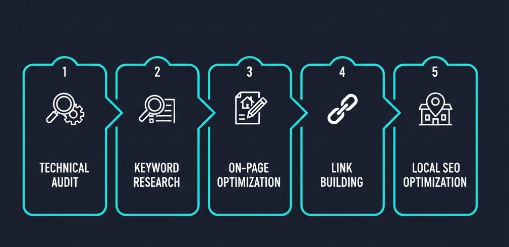 Step-by-step SEO process used by highsoftware99.com from technical audit to local SEO optimization