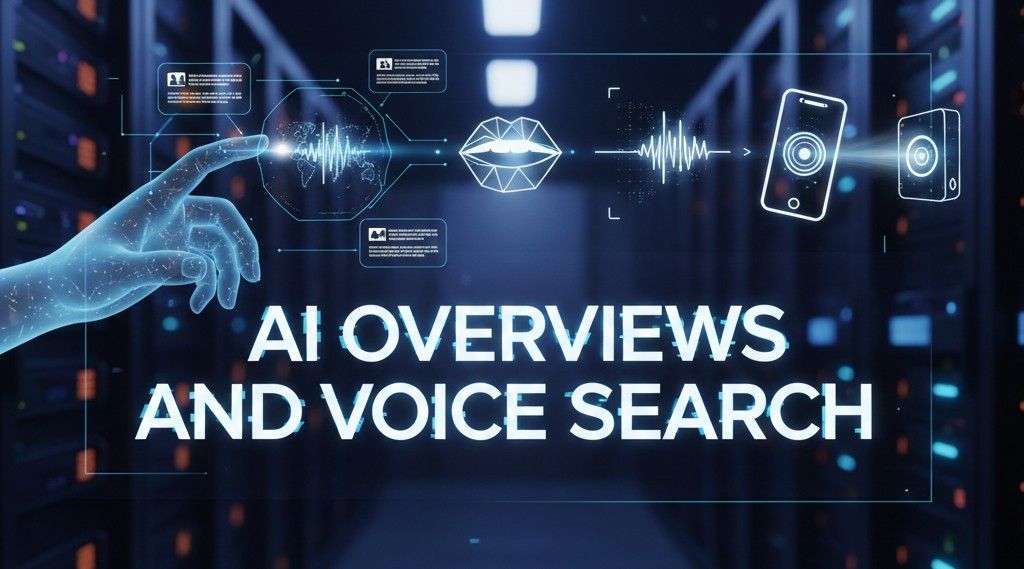 A cinematic, high-tech image set in a dark server room featuring the text "AI OVERVIEWS AND VOICE SEARCH" in glowing white letters. A translucent holographic interface shows a digital hand interacting with sound wave frequencies, a geometric mouth icon, and a smartphone silhouette.