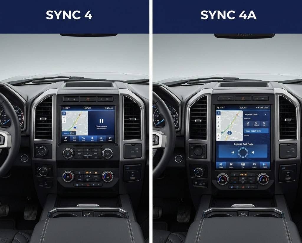 A side-by-side comparison of two Ford truck interiors. The left side (labeled SYNC 4) shows a landscape-oriented horizontal touchscreen integrated into the dashboard with physical knobs below it. The right side (labeled SYNC 4A) shows a much larger, vertical portrait-oriented touchscreen that occupies most of the center stack, featuring digital "Adaptive Dash Cards" for navigation and media.