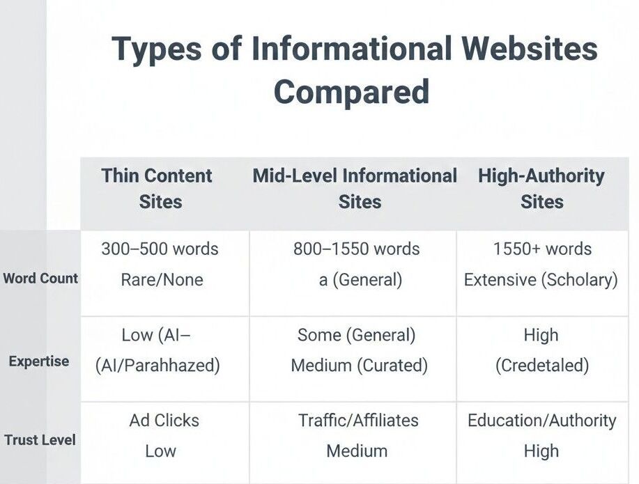 Comparison of thin, mid-level, and high-authority informational websites