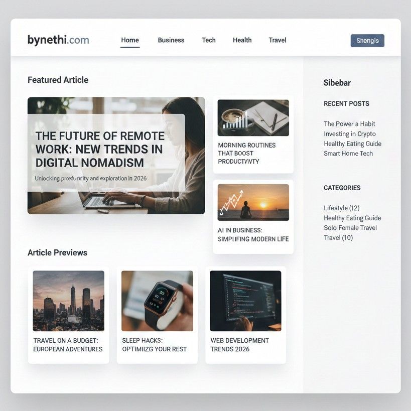 Bynethi com homepage showing lifestyle and informational blog categories
