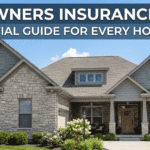 Homeowners Insurance Basics for Every Homeowner 3 Suburban house with text: HOMEOWNERS INSURANCE BASICS and AN ESSENTIAL GUIDE.