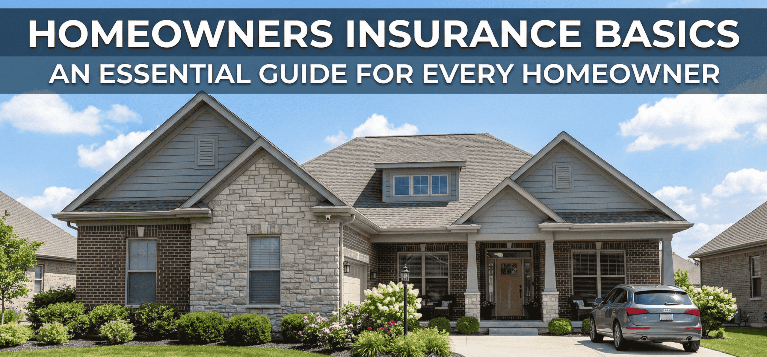 Suburban house with text: HOMEOWNERS INSURANCE BASICS and AN ESSENTIAL GUIDE.