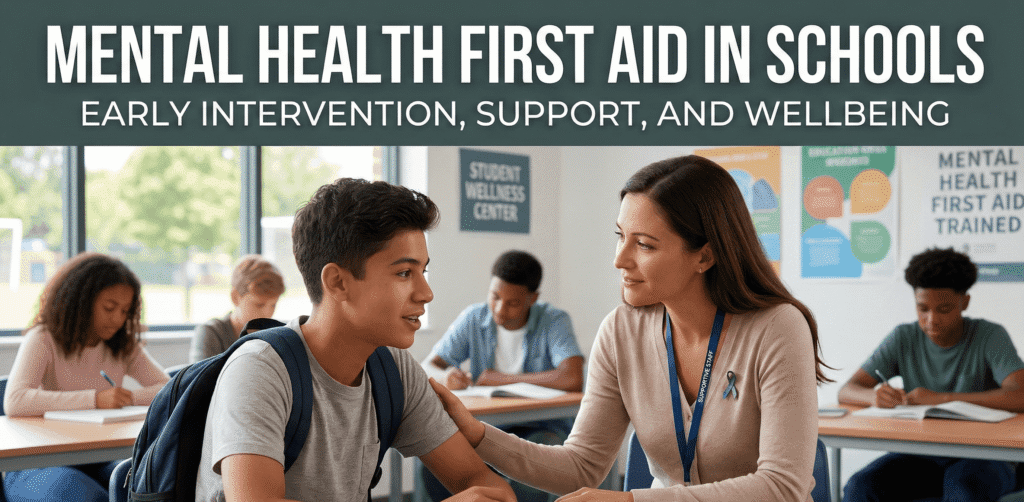 Why Mental Health First Aid Matters In Schools And The Community 1 Teacher supporting student. Banner: Mental Health First Aid in Schools, Early Intervention.