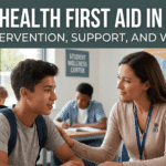 Teacher supporting student. Banner: Mental Health First Aid in Schools, Early Intervention.