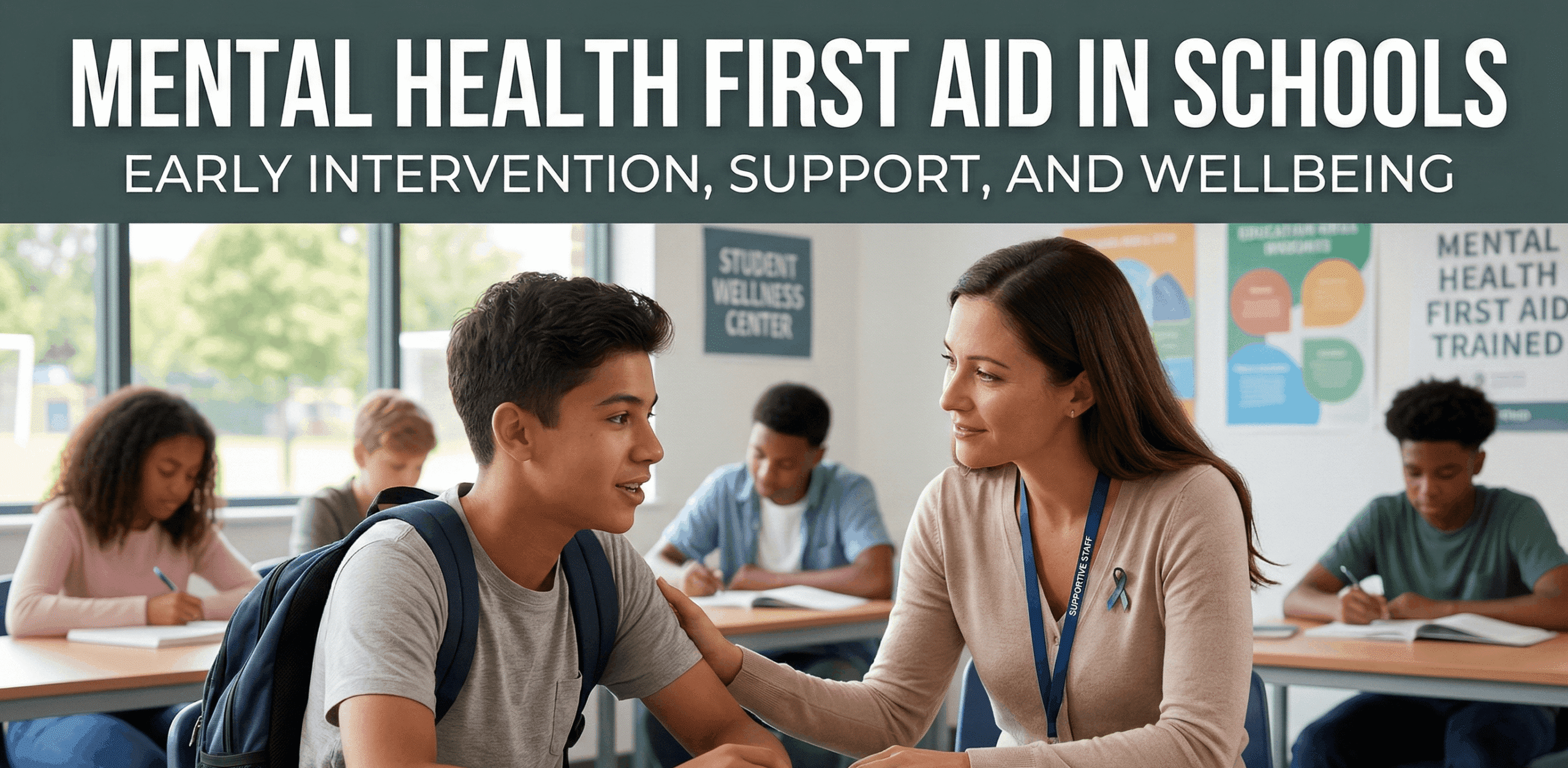 Teacher supporting student. Banner: Mental Health First Aid in Schools, Early Intervention.