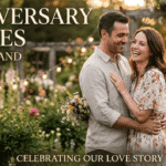 Happy couple hugging in a garden with "Anniversary Wishes for Husband" text and string lights.