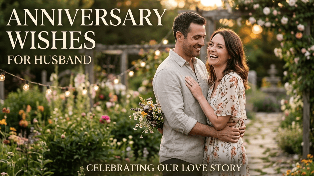 Happy couple hugging in a garden with "Anniversary Wishes for Husband" text and string lights.
