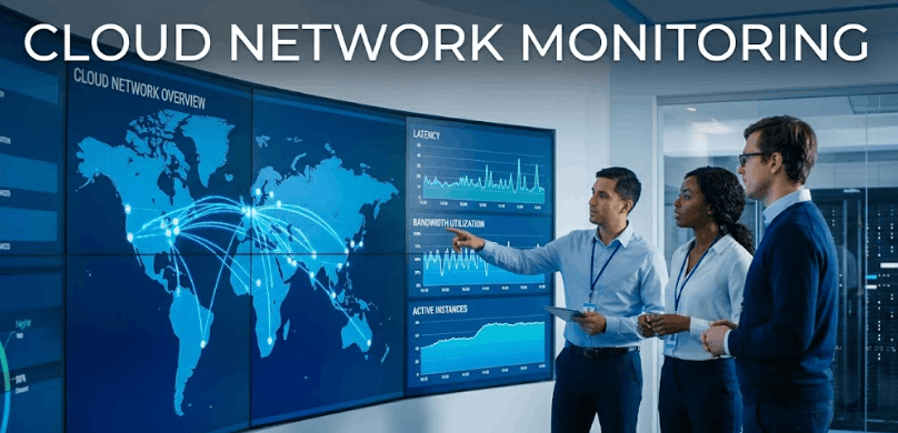 Is Cloud Network Monitoring Really Important? (Spoiler: Your Downtime Costs Say Yes) 4 IT team analyzing a global cloud monitoring dashboard in a modern NOC.