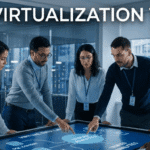 A group of IT professionals gathers around a table with glowing data icons, representing Data Virtualization Tools.