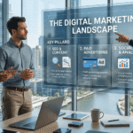 What The Digital Marketing Landscape Looks Like in 2026 3 Team reviewing a holographic display on "THE DIGITAL MARKETING LANDSCAPE" with SEO, Paid Ads, and Social Pillars in a modern city office.