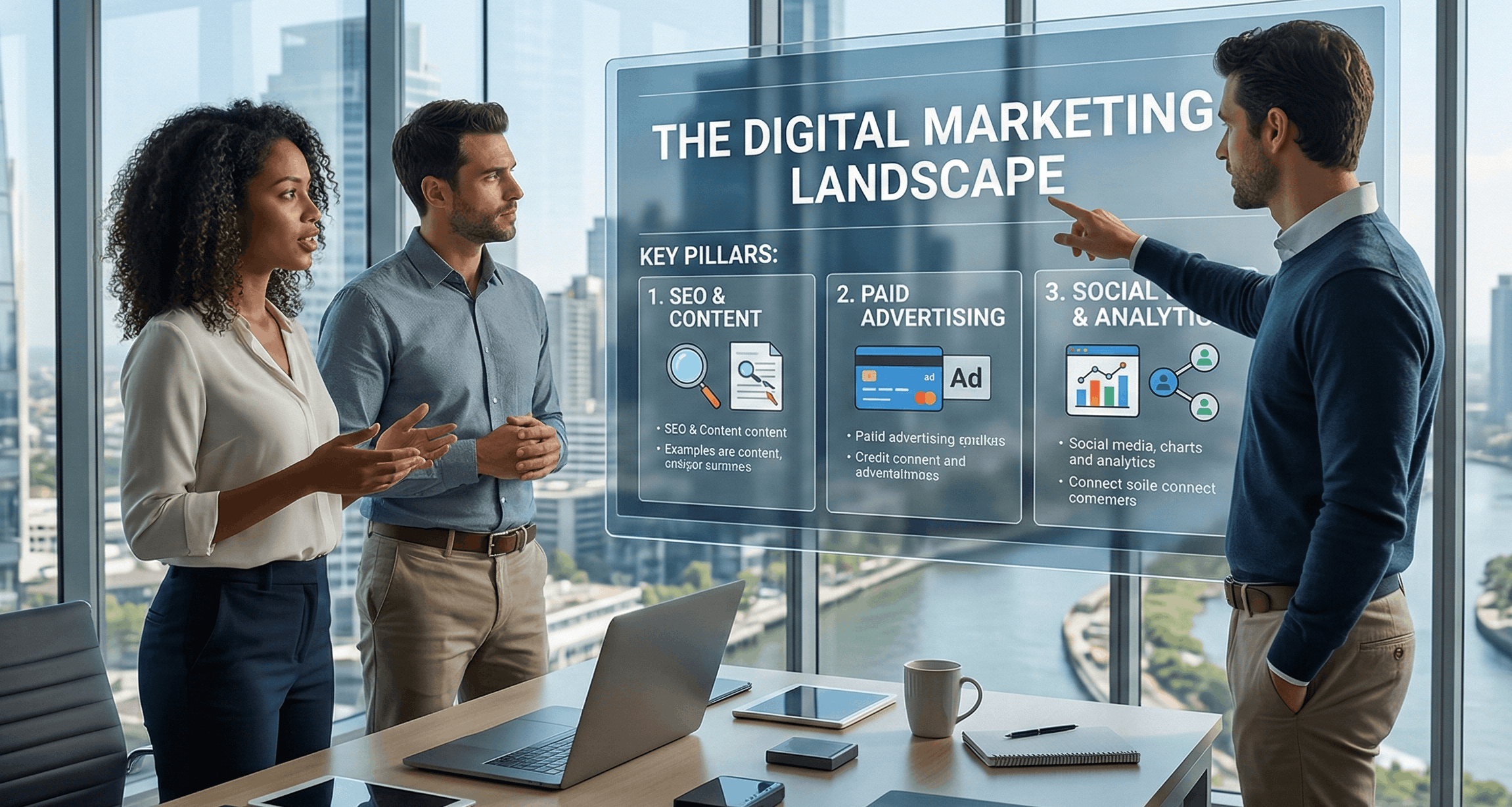 Team reviewing a holographic display on "THE DIGITAL MARKETING LANDSCAPE" with SEO, Paid Ads, and Social Pillars in a modern city office.