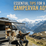 Couple sits by modern campervan on scenic mountain road, enjoying adventure with map and bikes.