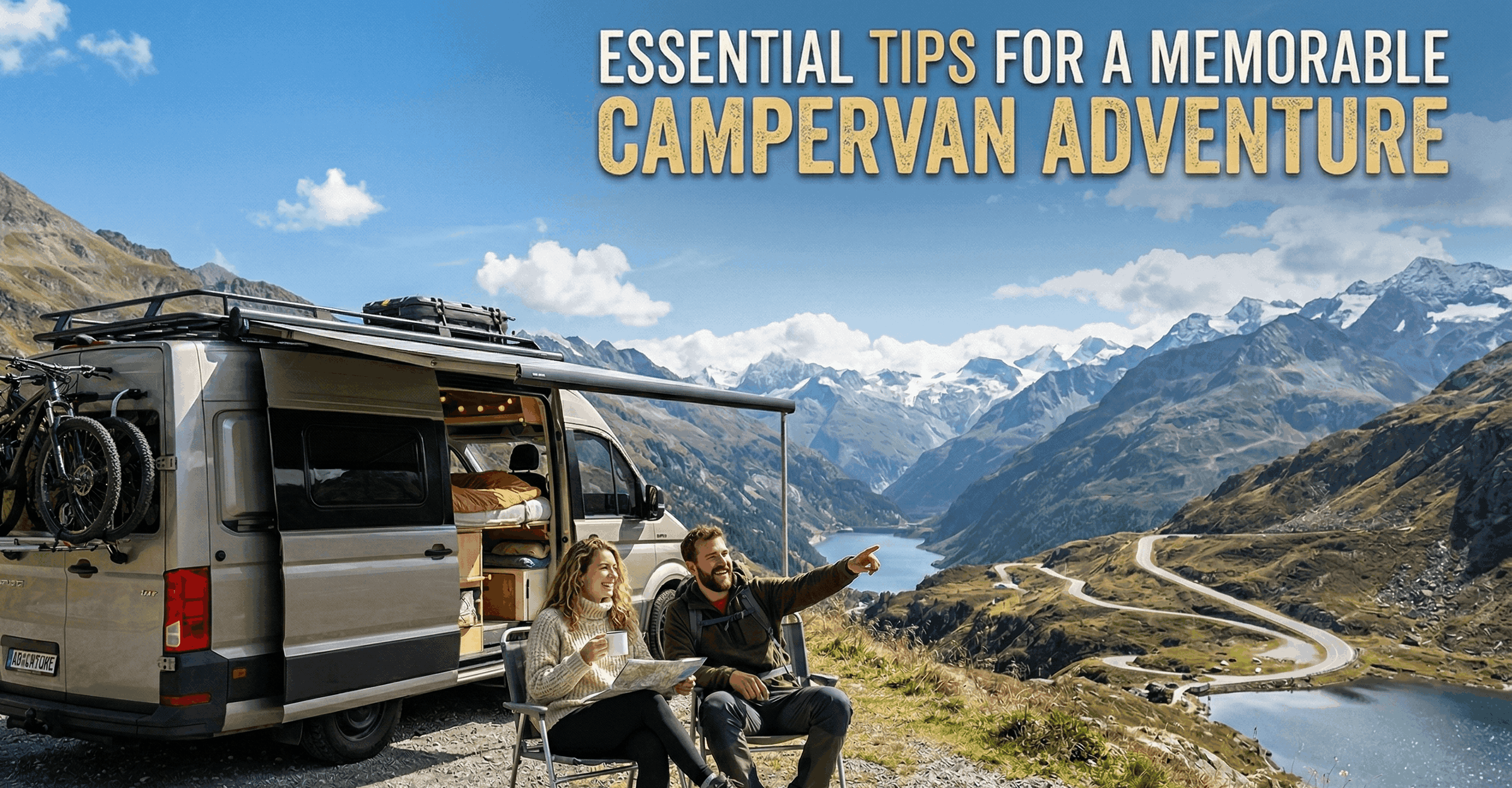 Couple sits by modern campervan on scenic mountain road, enjoying adventure with map and bikes.