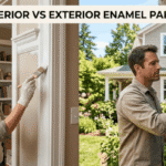 A side-by-side comparison of people painting an indoor room and outdoor siding using different types of enamel paint, with a text overlay comparing options.
