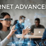 A young woman interacts with AR network data, symbolizing Internet Advancement.