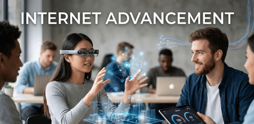 A young woman interacts with AR network data, symbolizing Internet Advancement.