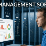 IT administrator monitoring system updates on a Patch Management Software dashboard in a server room.