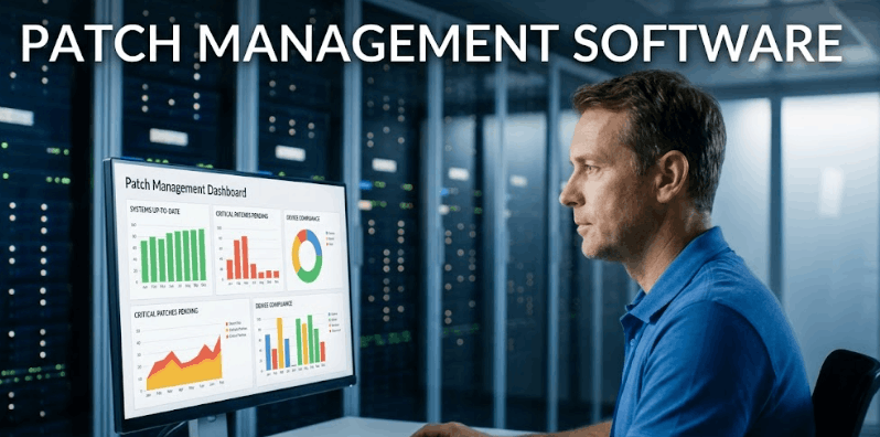 Patch Management Software: Why 60% of Breaches Start With a Fix You Already Had 2 IT administrator monitoring system updates on a Patch Management Software dashboard in a server room.
