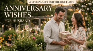 A wife giving a wrapped anniversary gift to her husband in a blooming garden with fairy lights.