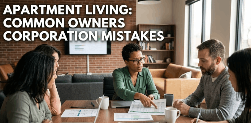 Diverse owners corporation members discussing apartment building financial mistakes and management issues in a meeting.