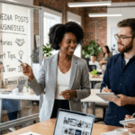 A diverse marketing team in a modern office discussing social media post ideas for service businesses on a glass board.